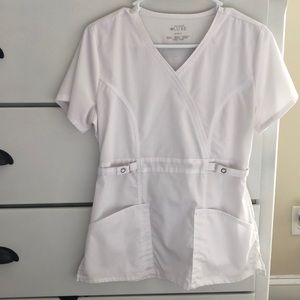 4 White scrubs tops -1 size XS, 2 size S, 1 size M